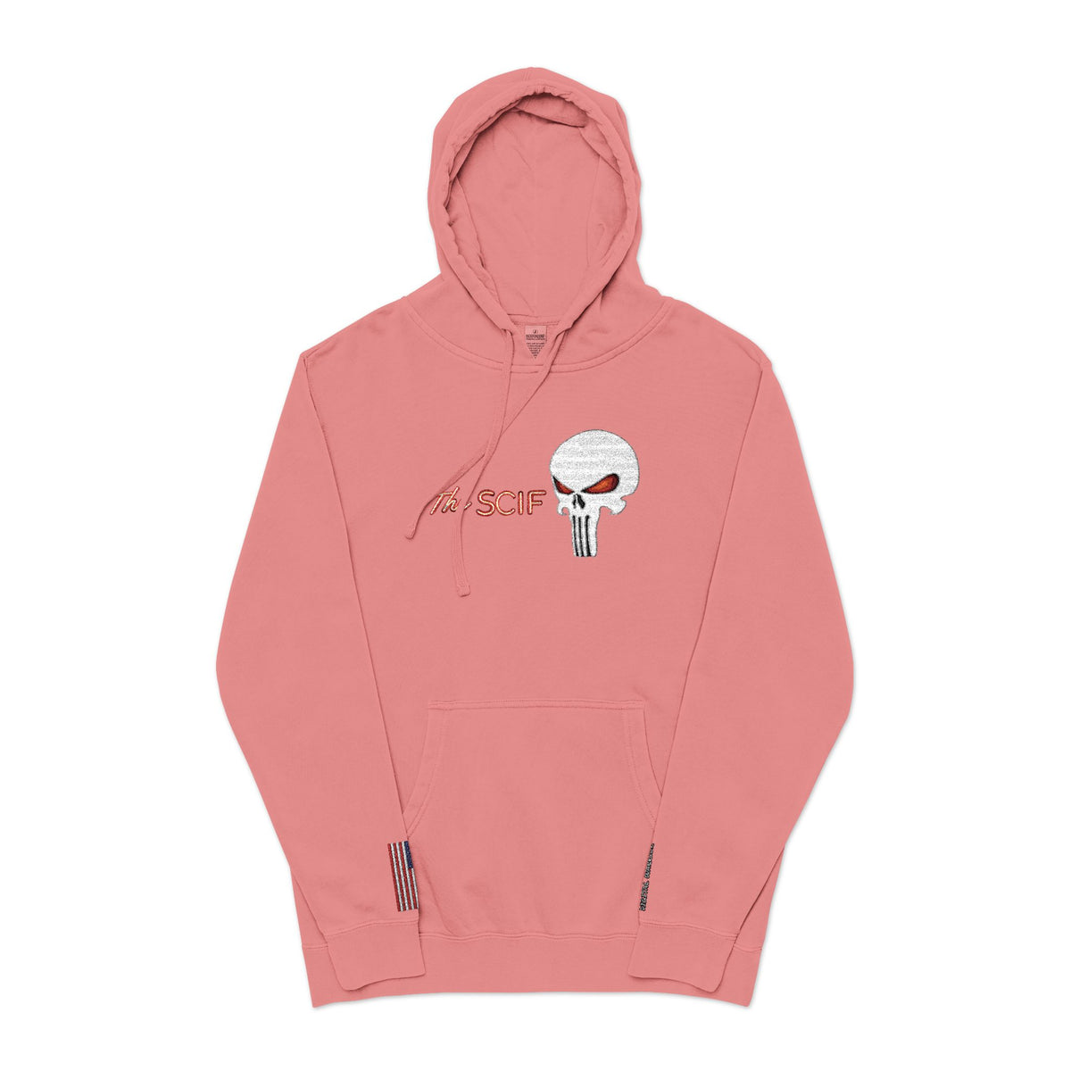 The SCIF "Solid White" Skull logo Embroidered Graphic Hoodie, Left Wrist "Digital Warrior" Embroidery, Right Wrist American Flag Graphic Embroidery.