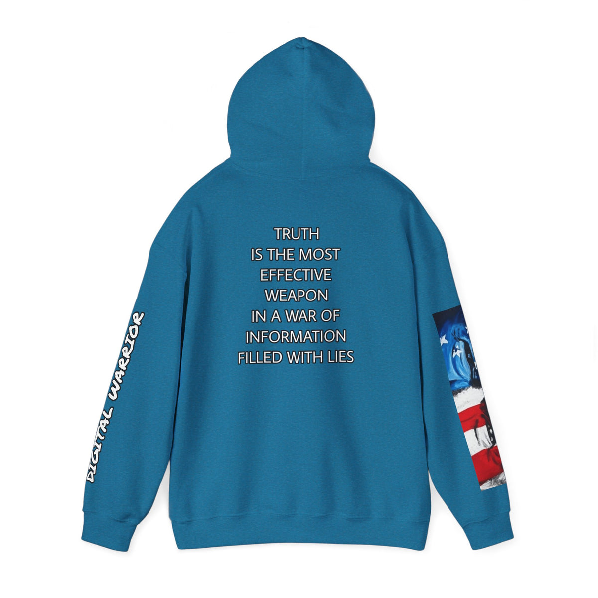 The SCIF Skull logo Graphic Hoodie, Right Sleeve "President Eyes" Graphic, Left Sleeve "Digital Warrior" Quote Graphic.