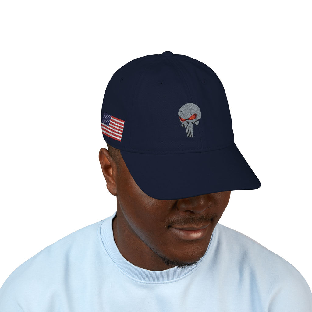 Embroidered The SCIF Skull Baseball Cap — American Flag right side, Digital Warrior text left side, The SCIF rear