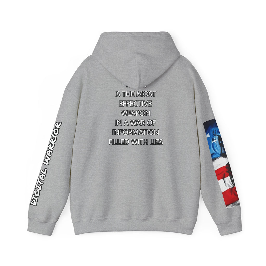 The SCIF Skull logo Graphic Hoodie, Right Sleeve "President Eyes" Graphic, Left Sleeve "Digital Warrior" Quote Graphic.