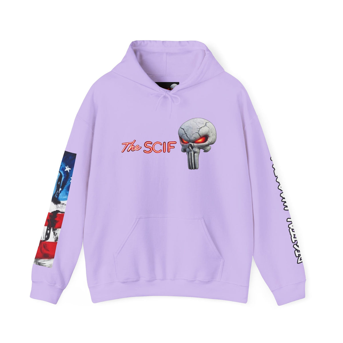 The SCIF Skull logo Graphic Hoodie, Right Sleeve "President Eyes" Graphic, Left Sleeve "Digital Warrior" Quote Graphic.