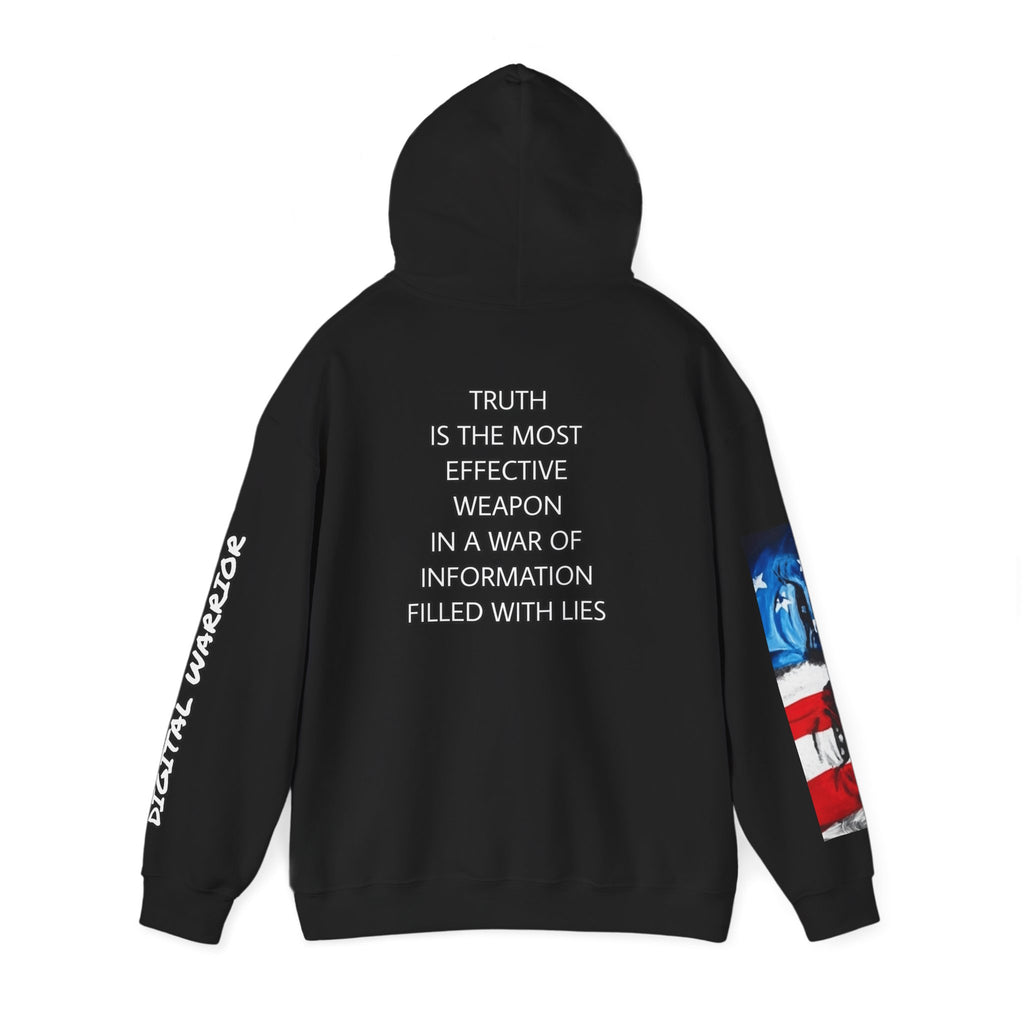 The SCIF Skull logo Graphic Hoodie, Right Sleeve "President Eyes" Graphic, Left Sleeve "Digital Warrior" Quote Graphic.