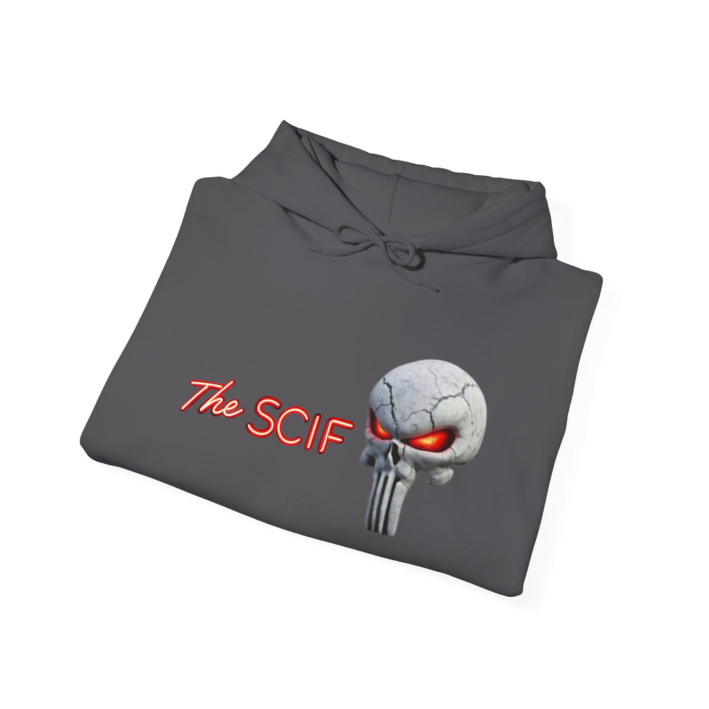 The SCIF Skull logo Graphic Hoodie, Right Sleeve "President Eyes" Graphic, Left Sleeve "Digital Warrior" Quote Graphic.