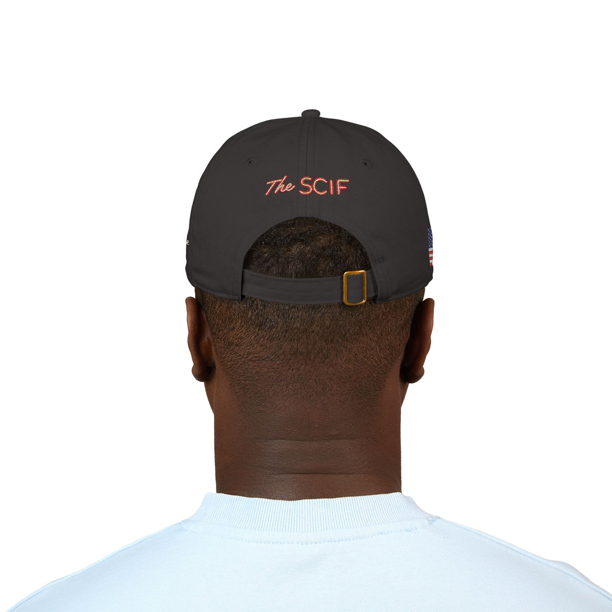 Embroidered The SCIF Skull Baseball Cap — American Flag right side, Digital Warrior text left side, The SCIF rear