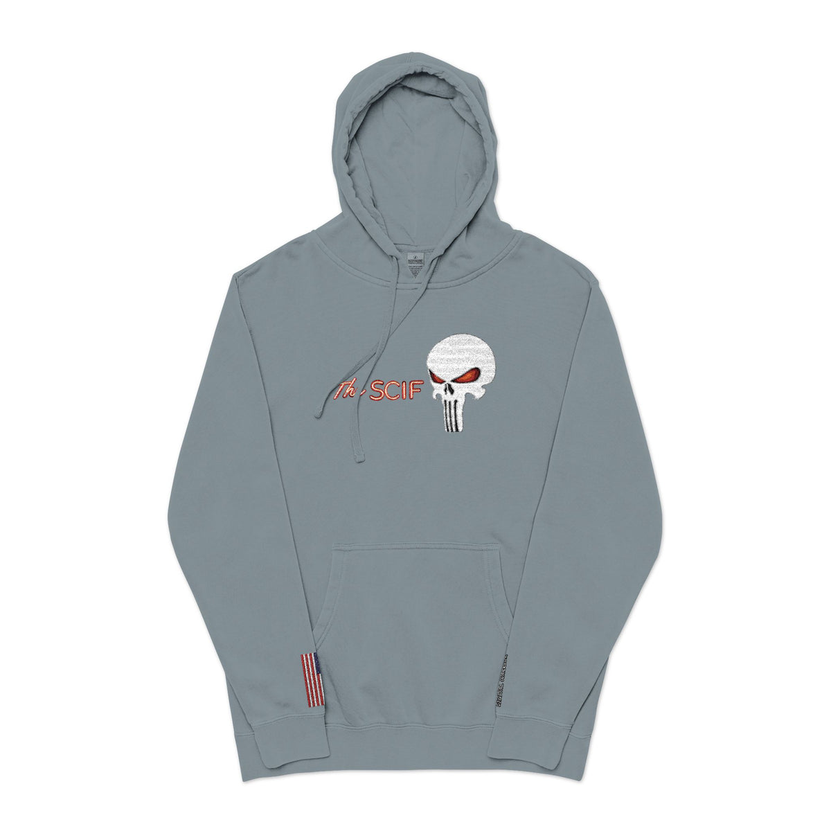 The SCIF "Solid White" Skull logo Embroidered Graphic Hoodie, Left Wrist "Digital Warrior" Embroidery, Right Wrist American Flag Graphic Embroidery.