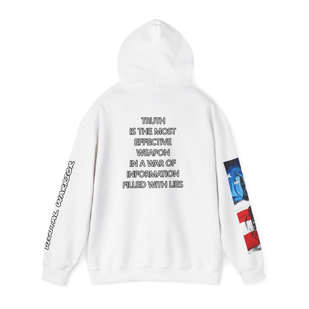 The SCIF Skull logo Graphic Hoodie, Right Sleeve "President Eyes" Graphic, Left Sleeve "Digital Warrior" Quote Graphic.