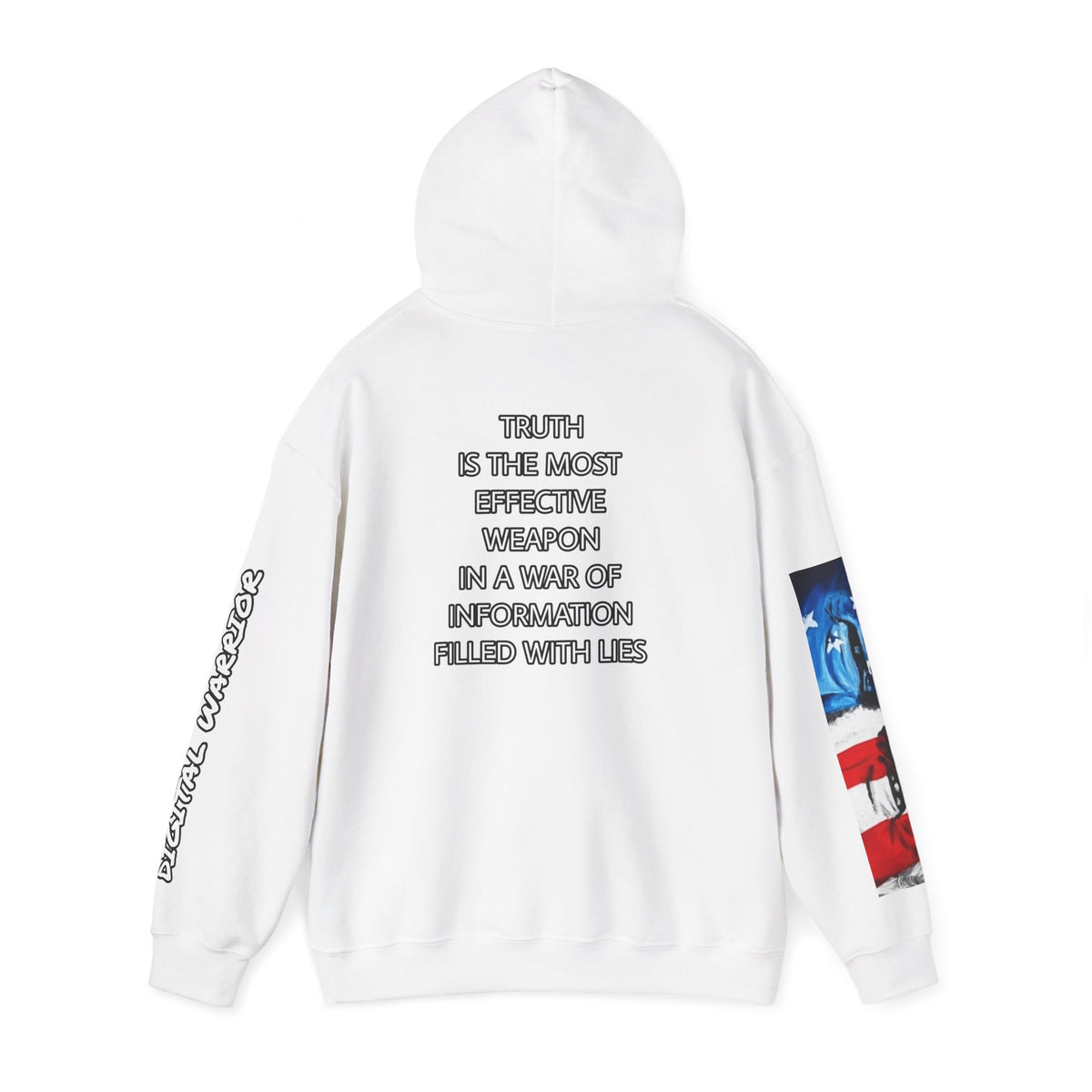 The SCIF Skull logo Graphic Hoodie, Right Sleeve "President Eyes" Graphic, Left Sleeve "Digital Warrior" Quote Graphic.