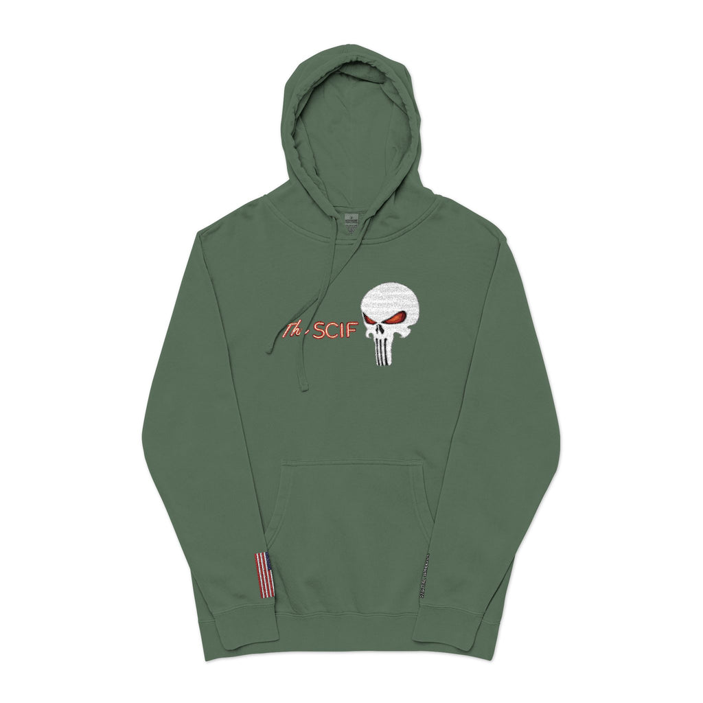 The SCIF "Solid White" Skull logo Embroidered Graphic Hoodie, Left Wrist "Digital Warrior" Embroidery, Right Wrist American Flag Graphic Embroidery.