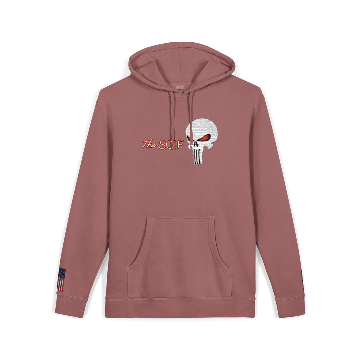 The SCIF "Solid White" Skull logo Embroidered Graphic Hoodie, Left Wrist "Digital Warrior" Embroidery, Right Wrist American Flag Graphic Embroidery.