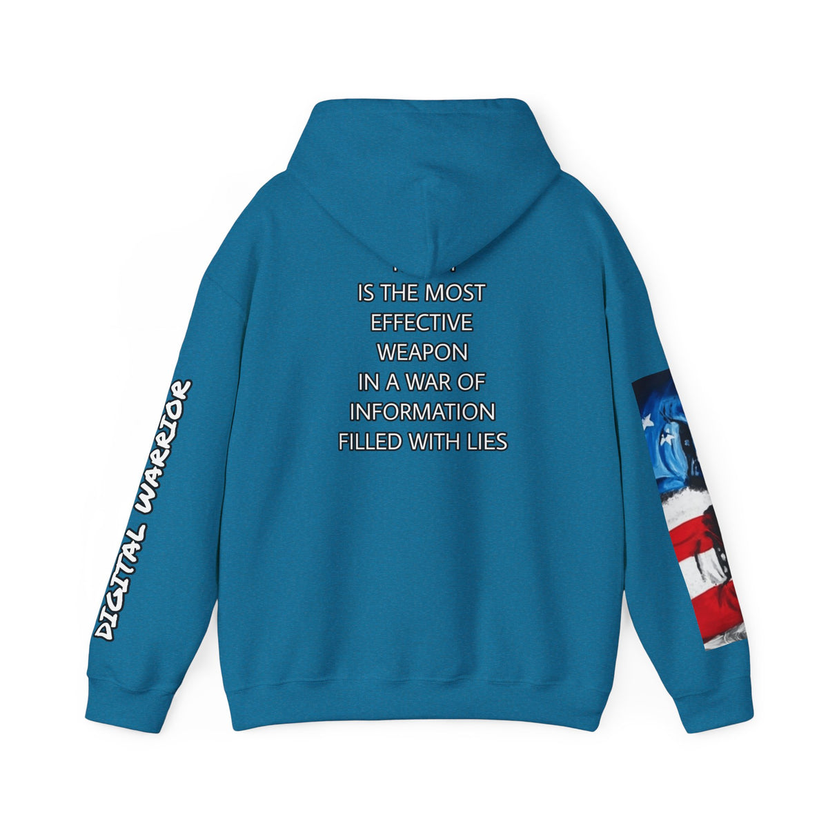 The SCIF Skull logo Graphic Hoodie, Right Sleeve "President Eyes" Graphic, Left Sleeve "Digital Warrior" Quote Graphic.