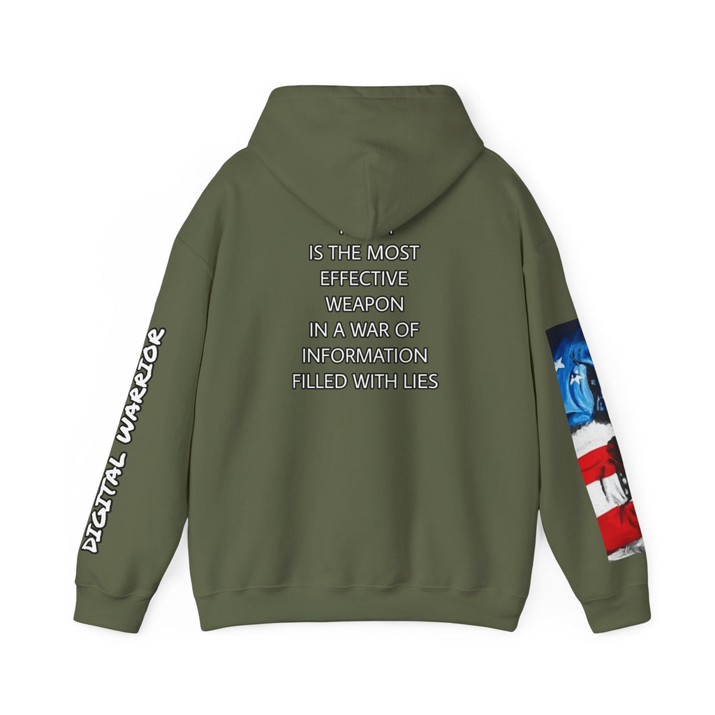The SCIF Skull logo Graphic Hoodie, Right Sleeve "President Eyes" Graphic, Left Sleeve "Digital Warrior" Quote Graphic.