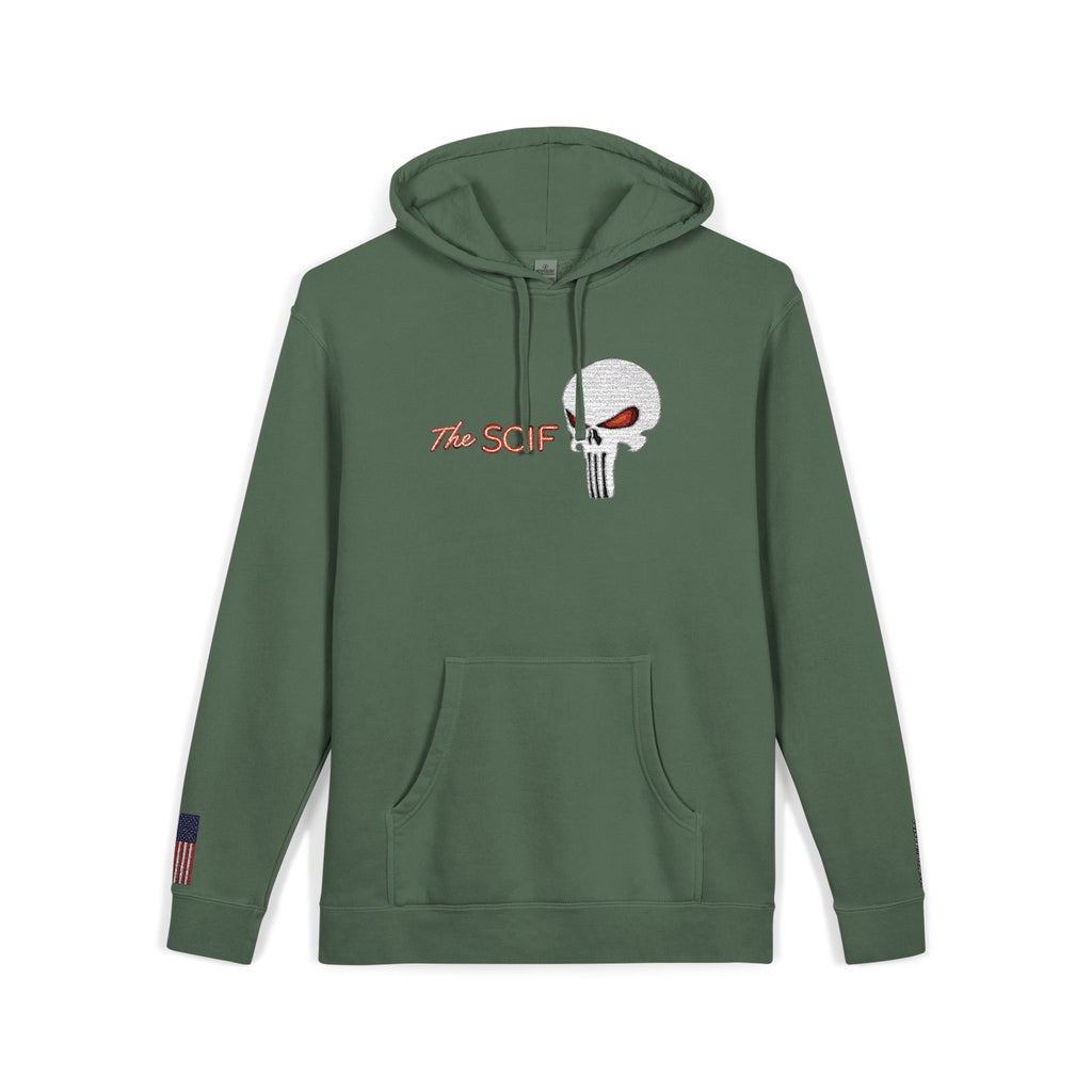 The SCIF "Solid White" Skull logo Embroidered Graphic Hoodie, Left Wrist "Digital Warrior" Embroidery, Right Wrist American Flag Graphic Embroidery.