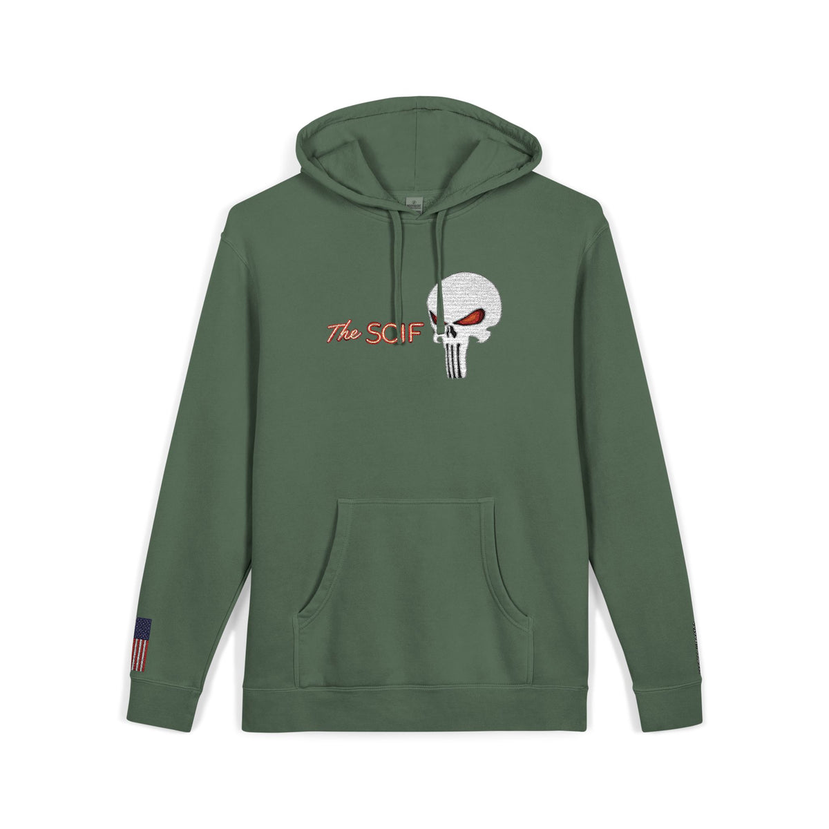 The SCIF "Solid White" Skull logo Embroidered Graphic Hoodie, Left Wrist "Digital Warrior" Embroidery, Right Wrist American Flag Graphic Embroidery.