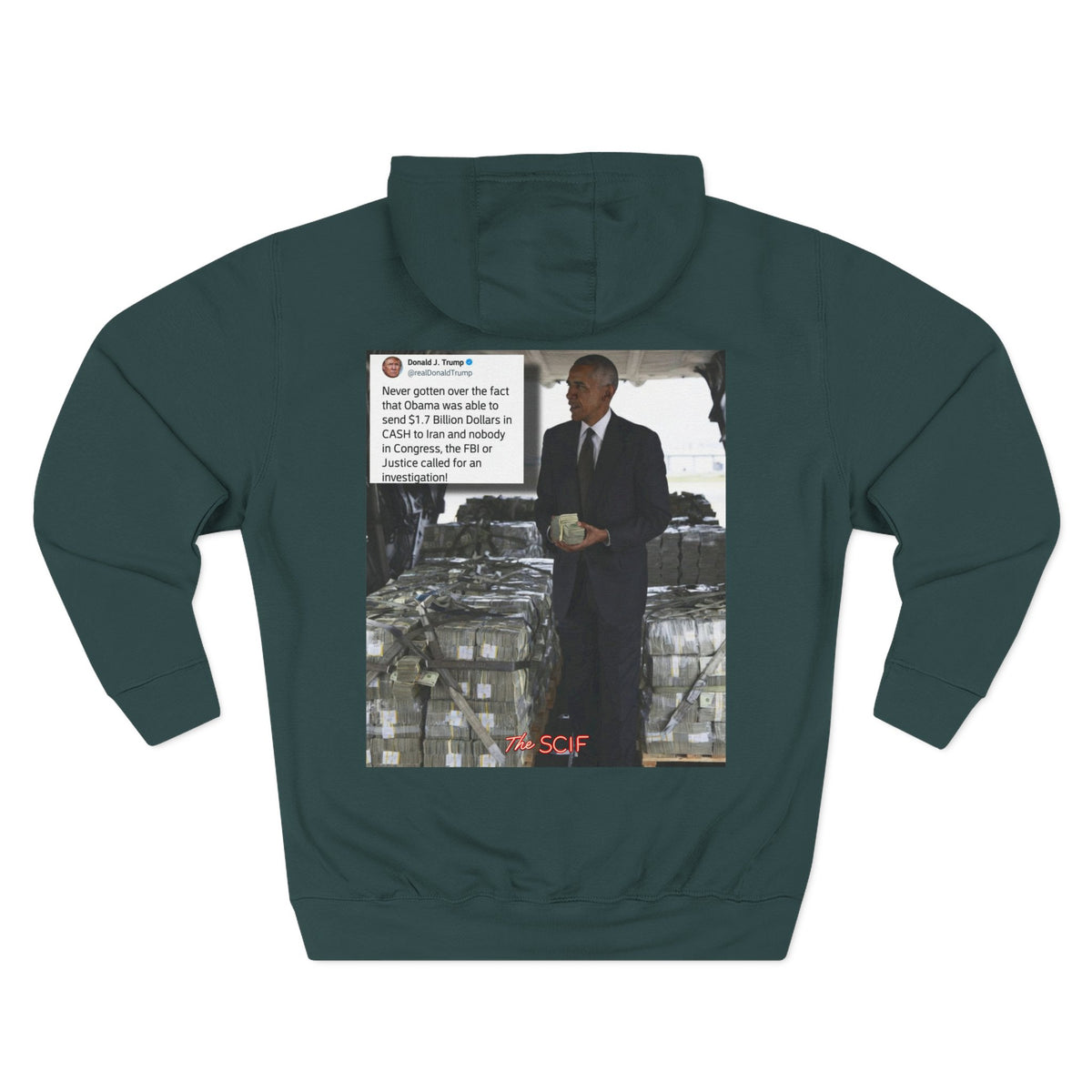 The SCIF "Presidential Traitor Meme" Fleece Hoodie, Back "Money On Pallets Meme."