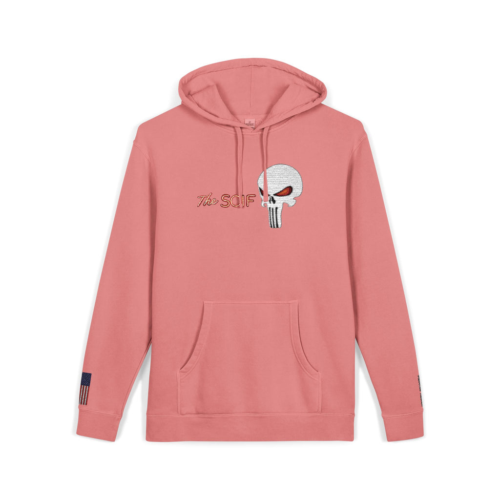 The SCIF "Solid White" Skull logo Embroidered Graphic Hoodie, Left Wrist "Digital Warrior" Embroidery, Right Wrist American Flag Graphic Embroidery.