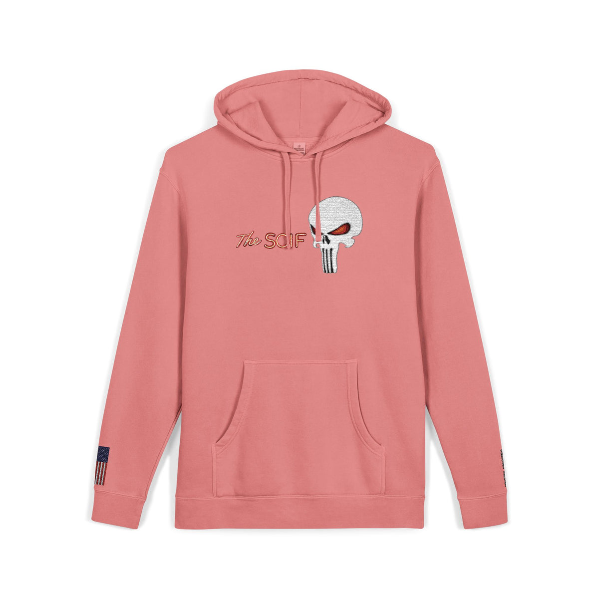 The SCIF "Solid White" Skull logo Embroidered Graphic Hoodie, Left Wrist "Digital Warrior" Embroidery, Right Wrist American Flag Graphic Embroidery.