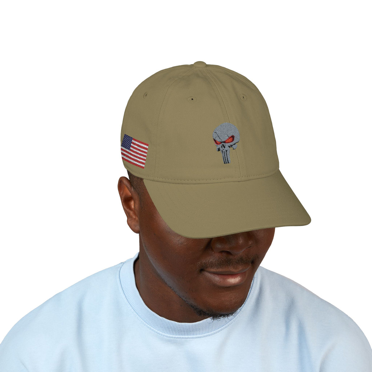 Embroidered The SCIF Skull Baseball Cap — American Flag right side, Digital Warrior text left side, The SCIF rear