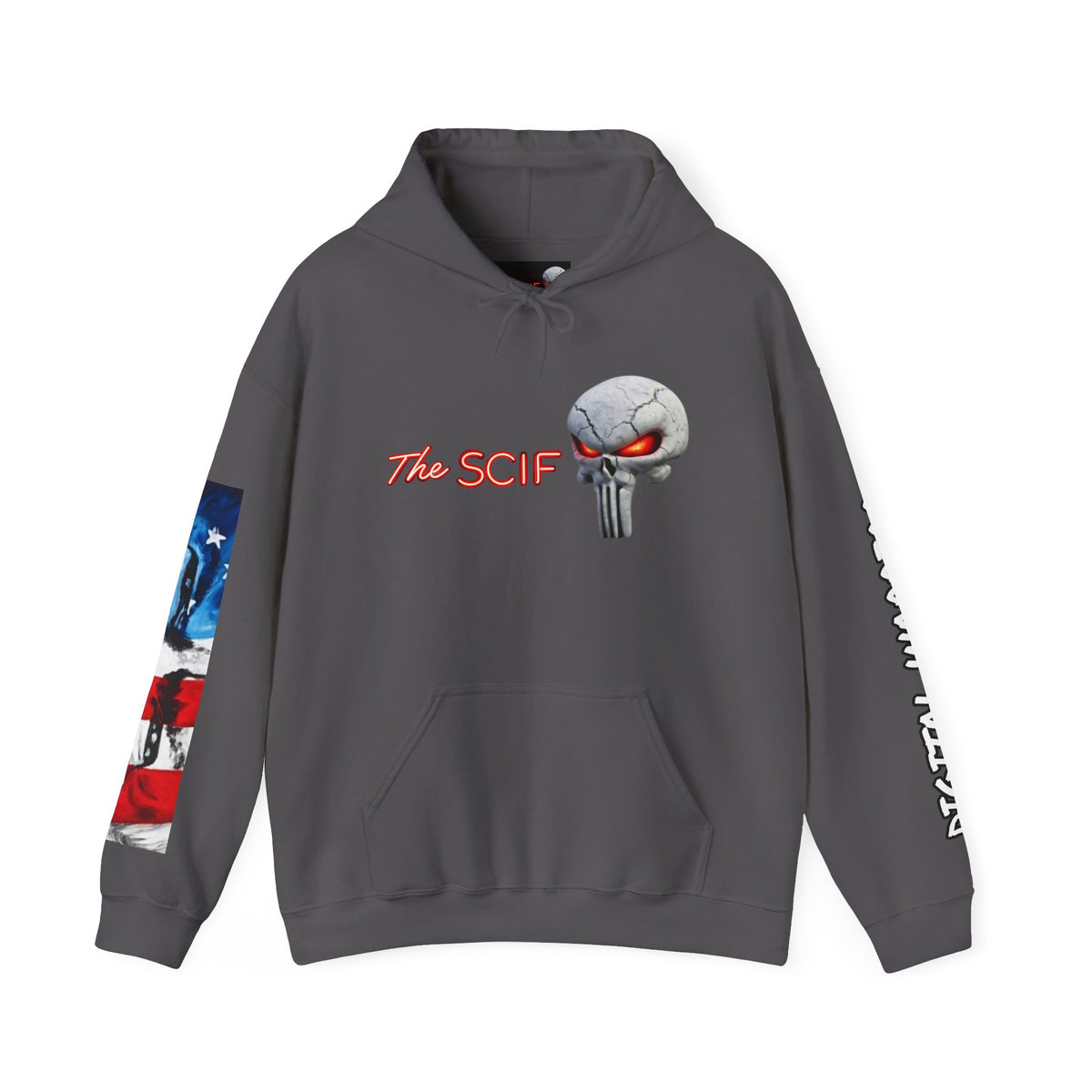 The SCIF Skull logo Graphic Hoodie, Right Sleeve "President Eyes" Graphic, Left Sleeve "Digital Warrior" Quote Graphic.