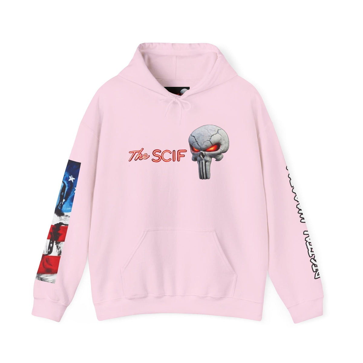 The SCIF Skull logo Graphic Hoodie, Right Sleeve "President Eyes" Graphic, Left Sleeve "Digital Warrior" Quote Graphic.