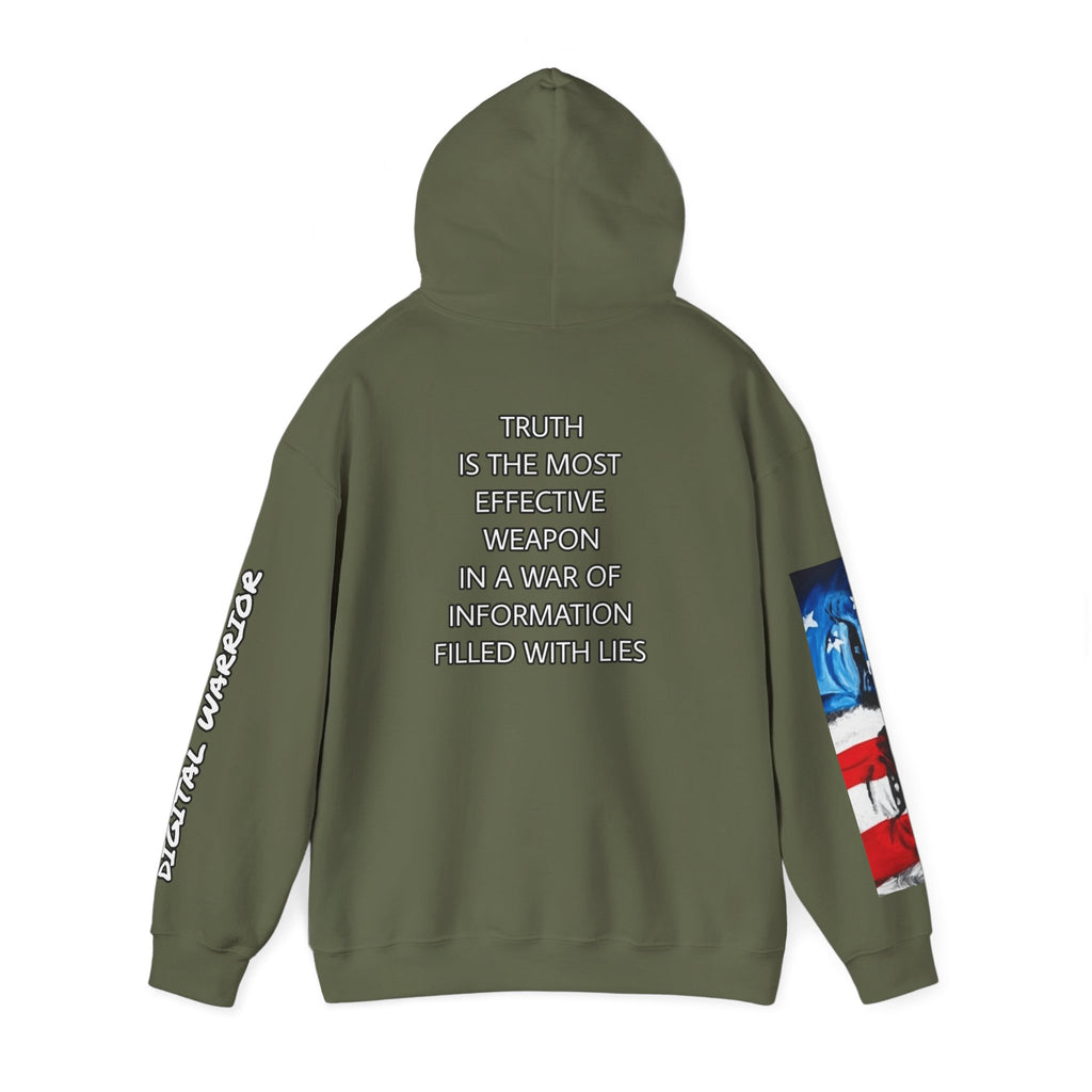 The SCIF Skull logo Graphic Hoodie, Right Sleeve "President Eyes" Graphic, Left Sleeve "Digital Warrior" Quote Graphic.