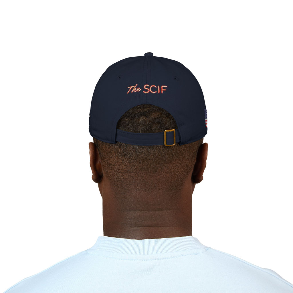 Embroidered The SCIF Skull Baseball Cap — American Flag right side, Digital Warrior text left side, The SCIF rear