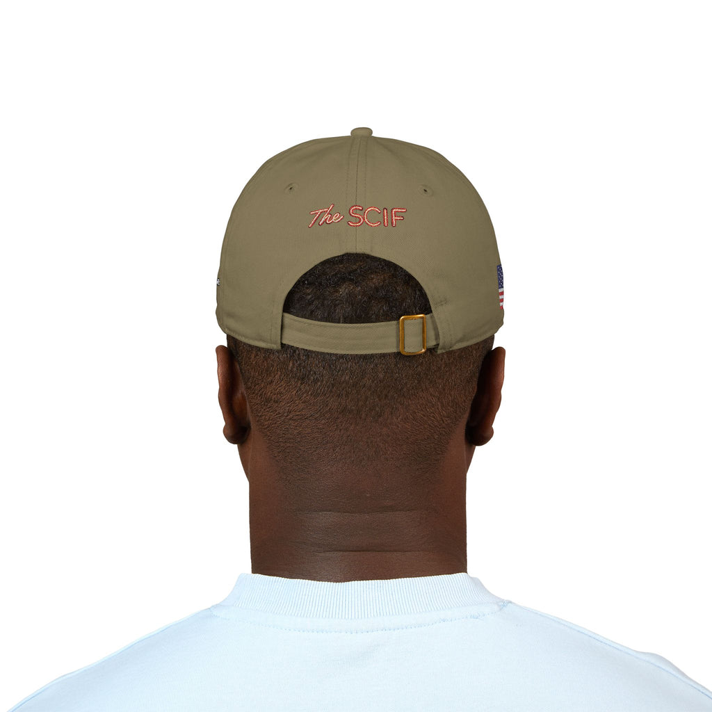 Embroidered The SCIF Skull Baseball Cap — American Flag right side, Digital Warrior text left side, The SCIF rear