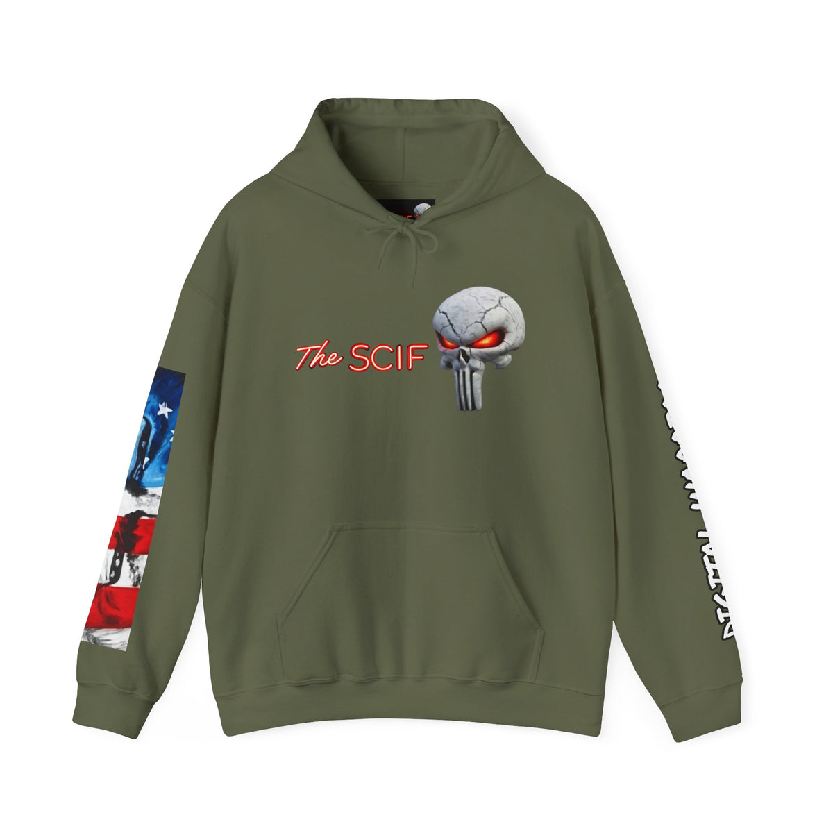 The SCIF Skull logo Graphic Hoodie, Right Sleeve "President Eyes" Graphic, Left Sleeve "Digital Warrior" Quote Graphic.