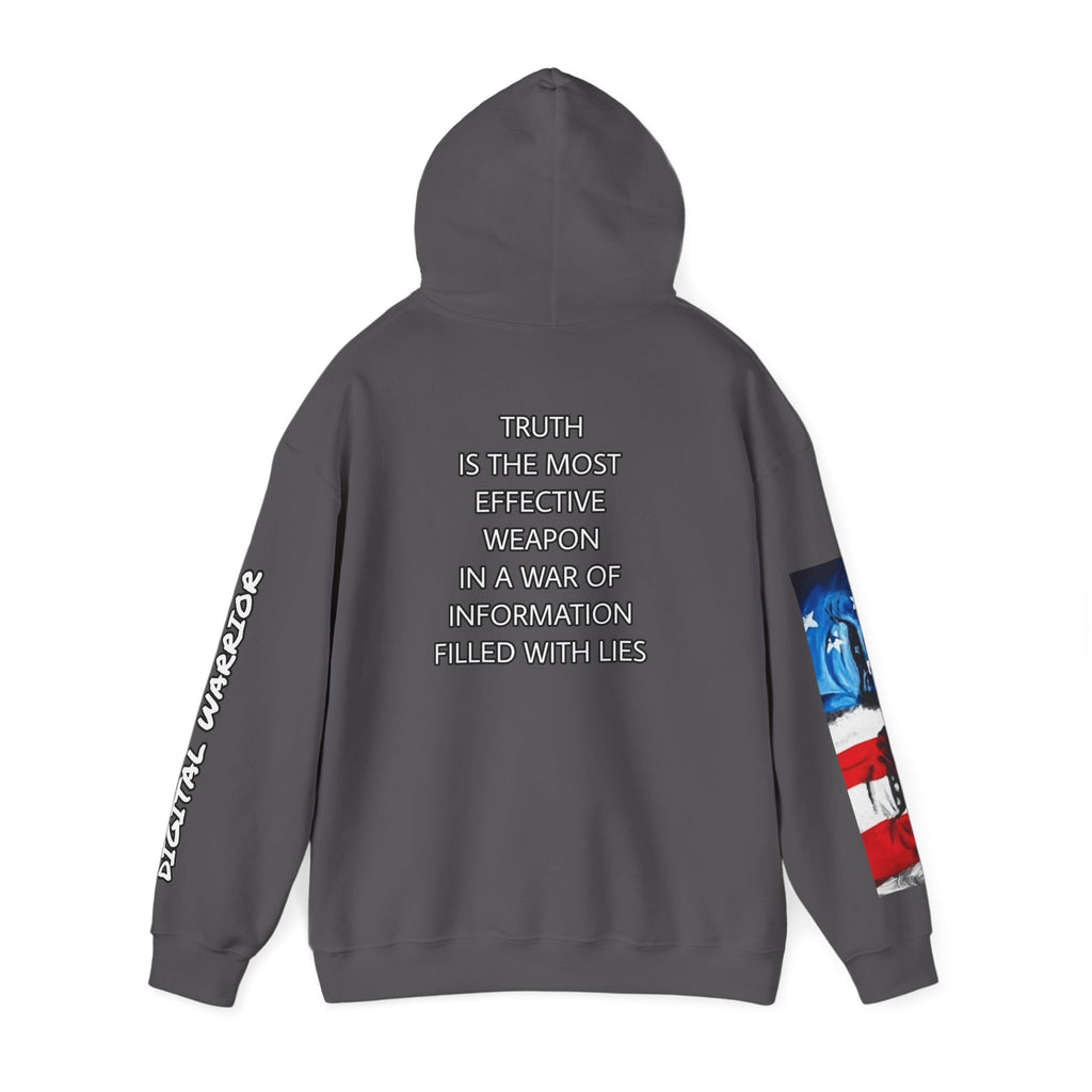 The SCIF Skull logo Graphic Hoodie, Right Sleeve "President Eyes" Graphic, Left Sleeve "Digital Warrior" Quote Graphic.
