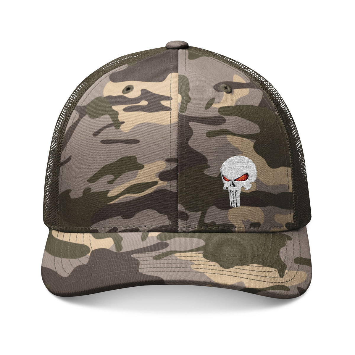 Camouflage Trucker Hat with The SCIF Skull "Solid White" Embroidery