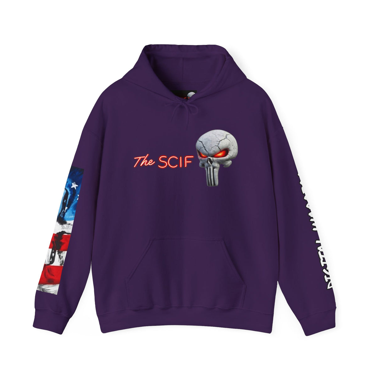 The SCIF Skull logo Graphic Hoodie, Right Sleeve "President Eyes" Graphic, Left Sleeve "Digital Warrior" Quote Graphic.