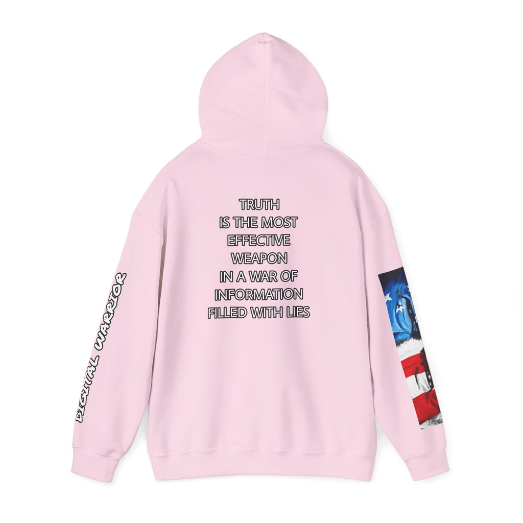 The SCIF Skull logo Graphic Hoodie, Right Sleeve "President Eyes" Graphic, Left Sleeve "Digital Warrior" Quote Graphic.