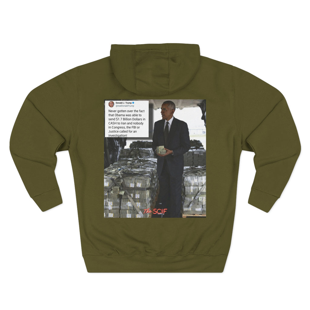 The SCIF "Presidential Traitor Meme" Fleece Hoodie, Back "Money On Pallets Meme."