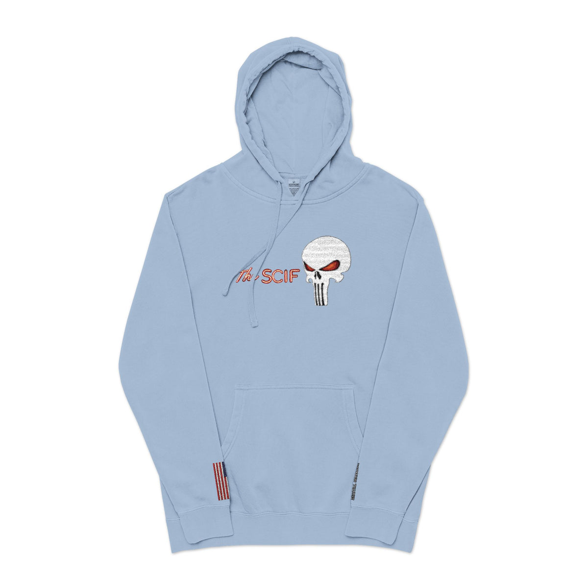 The SCIF "Solid White" Skull logo Embroidered Graphic Hoodie, Left Wrist "Digital Warrior" Embroidery, Right Wrist American Flag Graphic Embroidery.