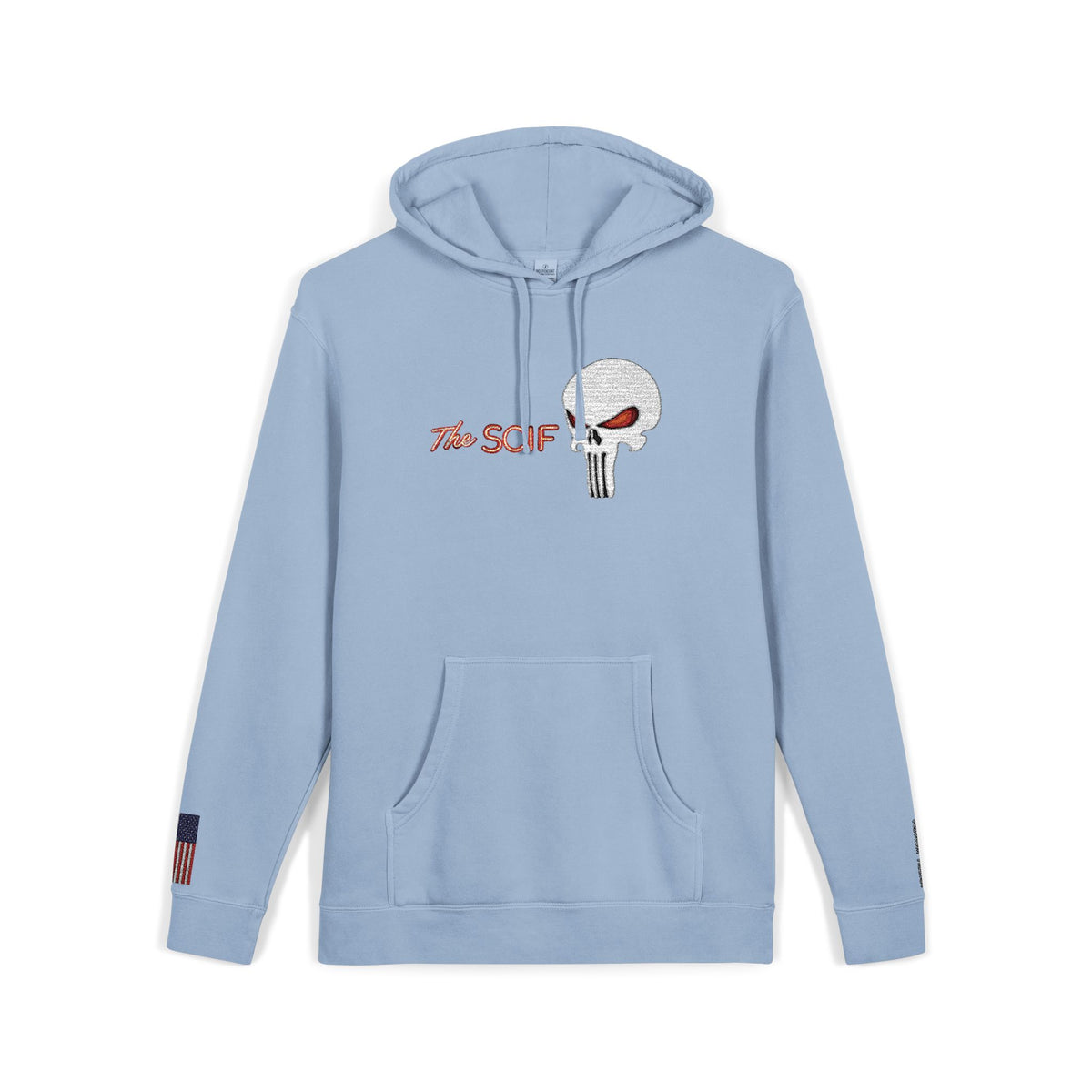 The SCIF "Solid White" Skull logo Embroidered Graphic Hoodie, Left Wrist "Digital Warrior" Embroidery, Right Wrist American Flag Graphic Embroidery.