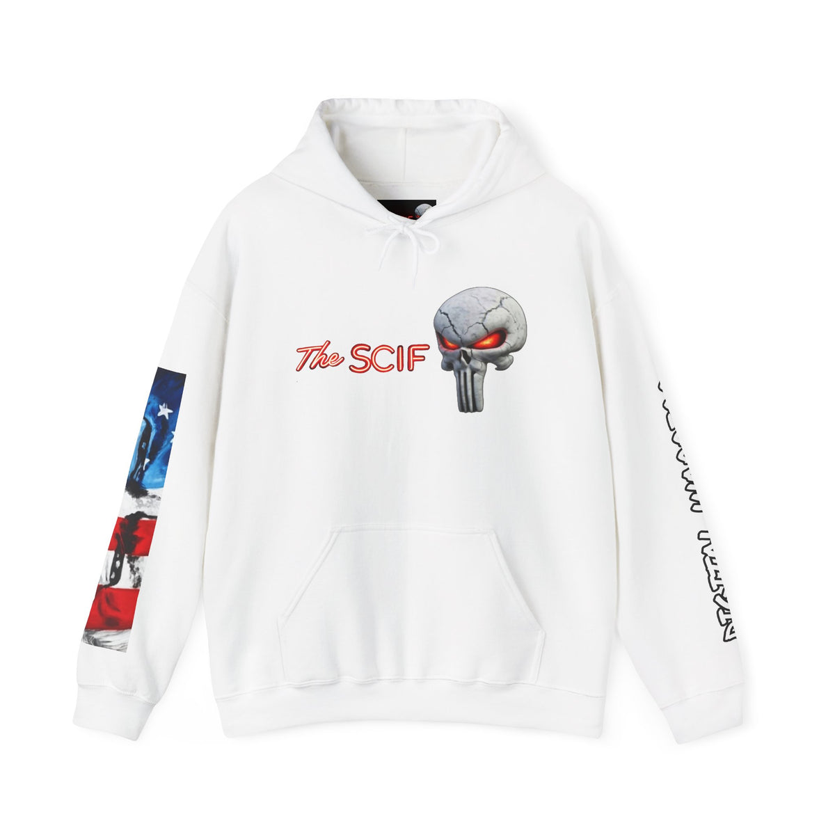 The SCIF Skull logo Graphic Hoodie, Right Sleeve "President Eyes" Graphic, Left Sleeve "Digital Warrior" Quote Graphic.