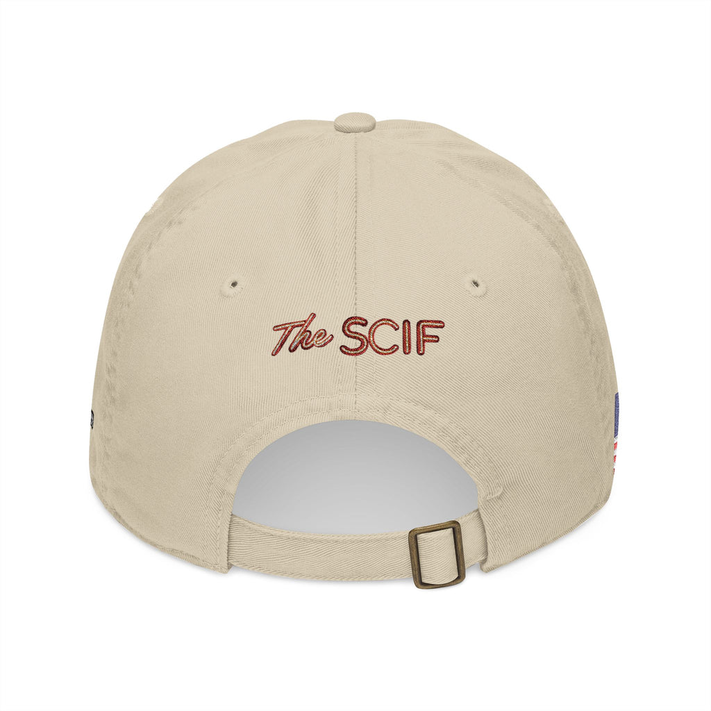 Embroidered The SCIF Skull Baseball Cap — American Flag right side, Digital Warrior text left side, The SCIF rear
