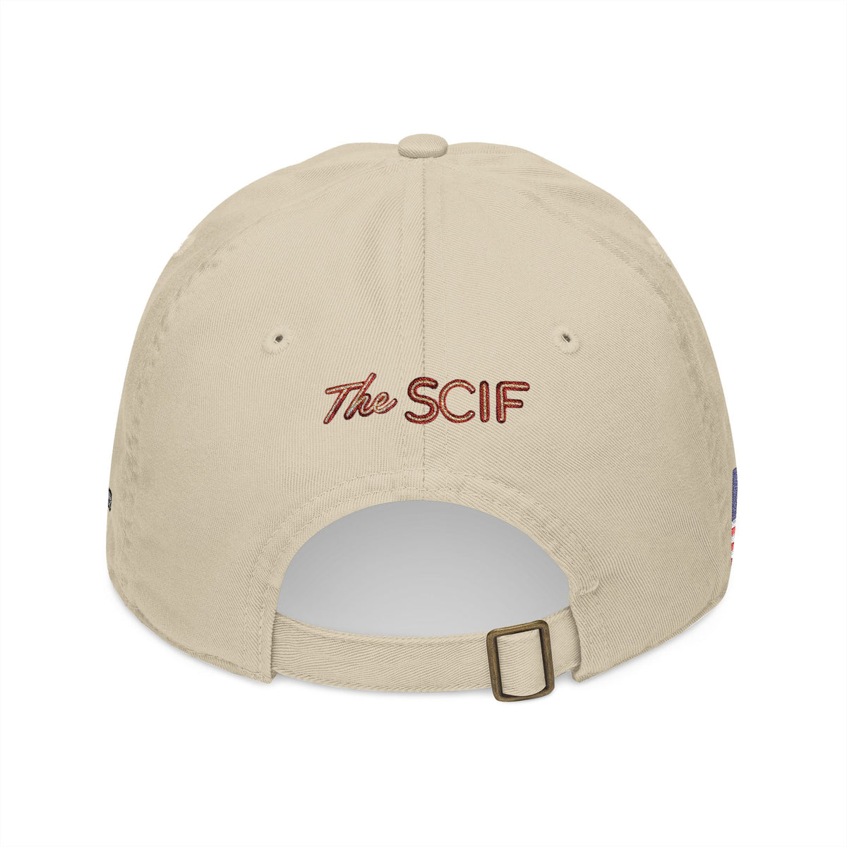 Embroidered The SCIF Skull Baseball Cap — American Flag right side, Digital Warrior text left side, The SCIF rear