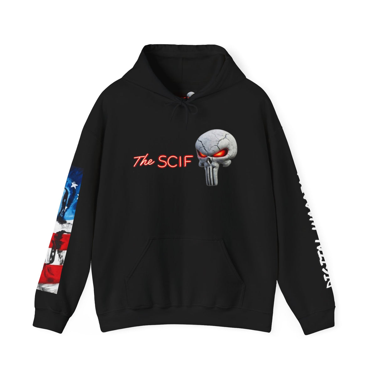 The SCIF Skull logo Graphic Hoodie, Right Sleeve "President Eyes" Graphic, Left Sleeve "Digital Warrior" Quote Graphic.
