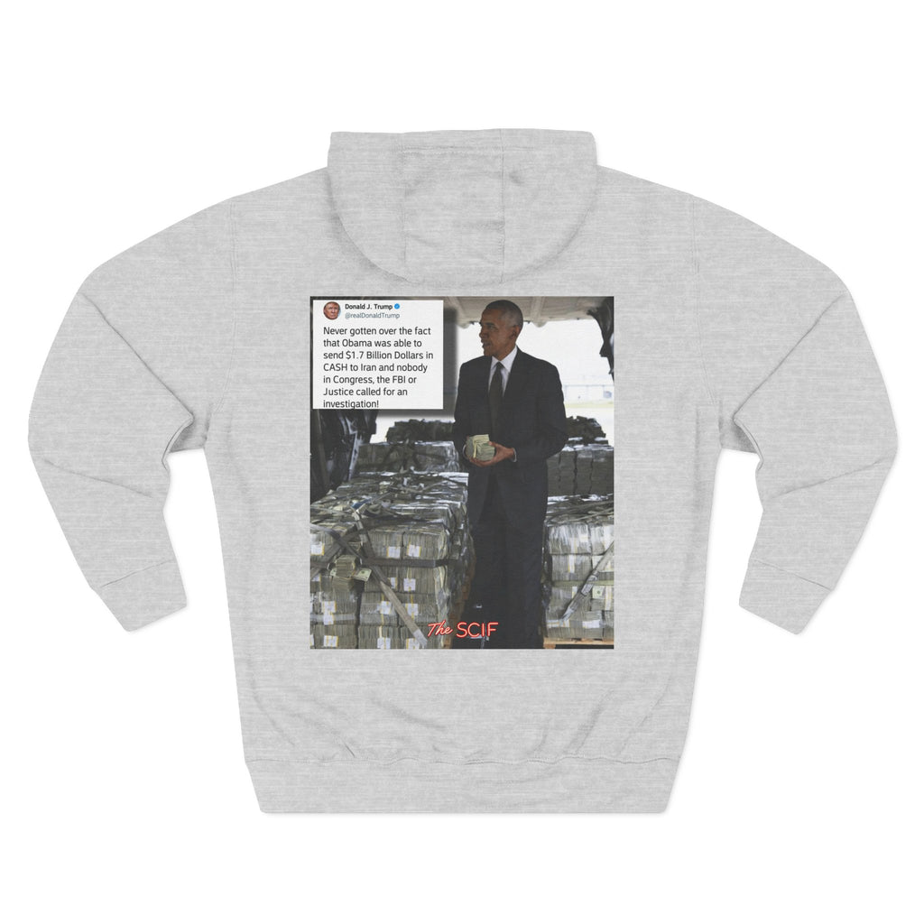 The SCIF "Presidential Traitor Meme" Fleece Hoodie, Back "Money On Pallets Meme."