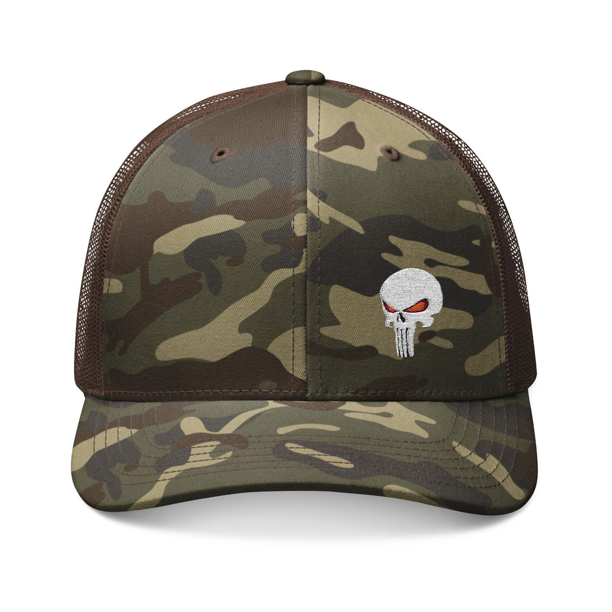 Camouflage Trucker Hat with The SCIF Skull "Solid White" Embroidery