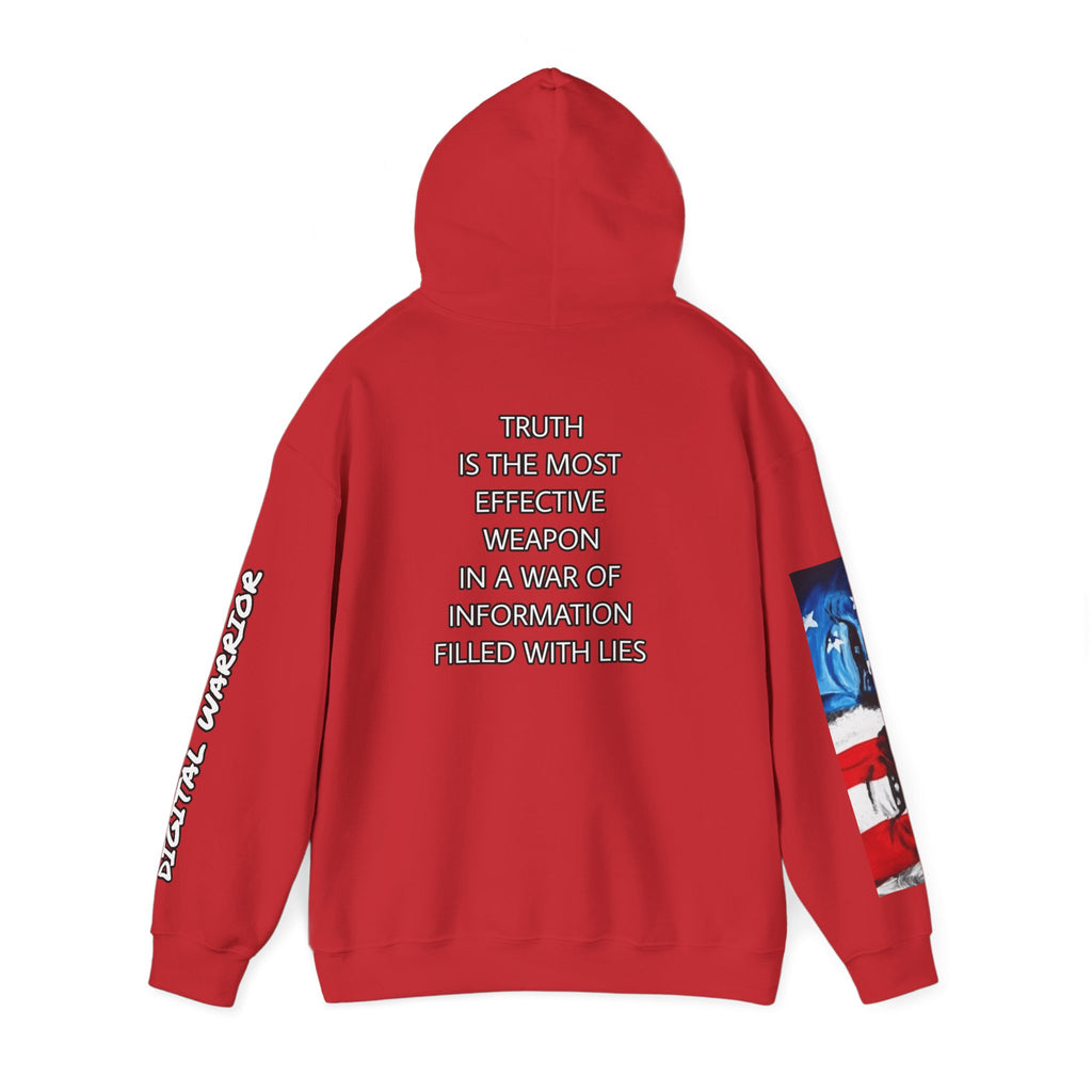 The SCIF Skull logo Graphic Hoodie, Right Sleeve "President Eyes" Graphic, Left Sleeve "Digital Warrior" Quote Graphic.