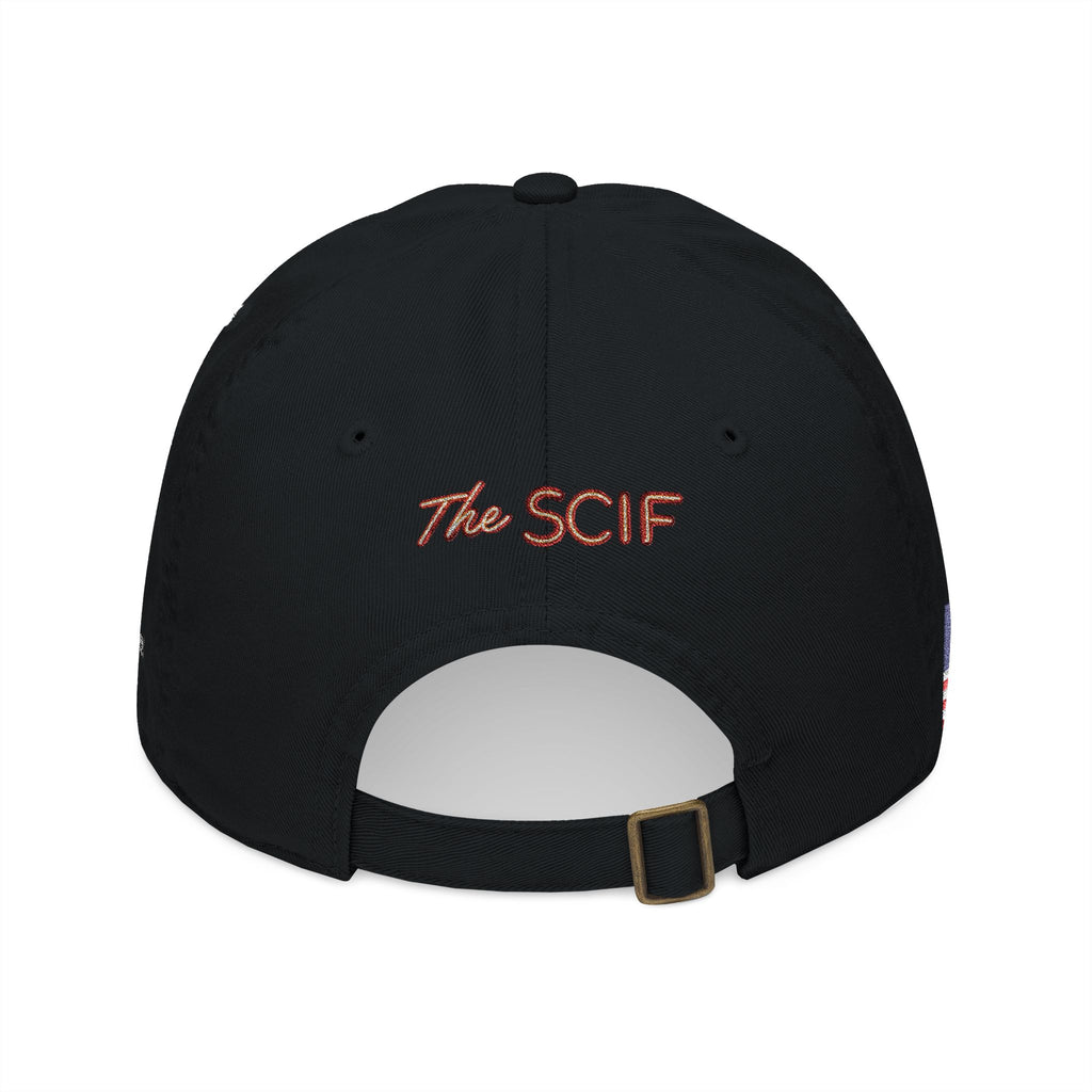 Embroidered The SCIF Skull Baseball Cap — American Flag right side, Digital Warrior text left side, The SCIF rear