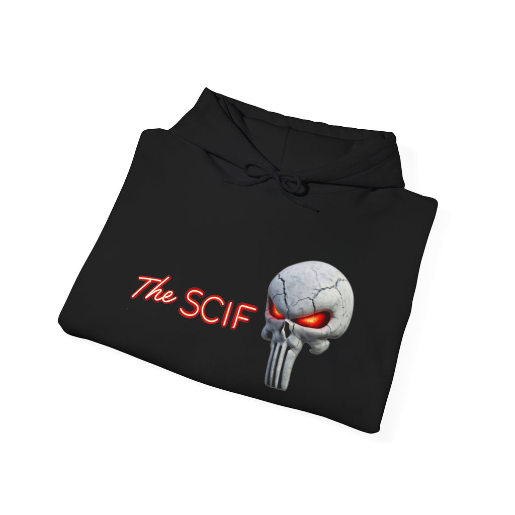 The SCIF Skull logo Graphic Hoodie, Right Sleeve "President Eyes" Graphic, Left Sleeve "Digital Warrior" Quote Graphic.