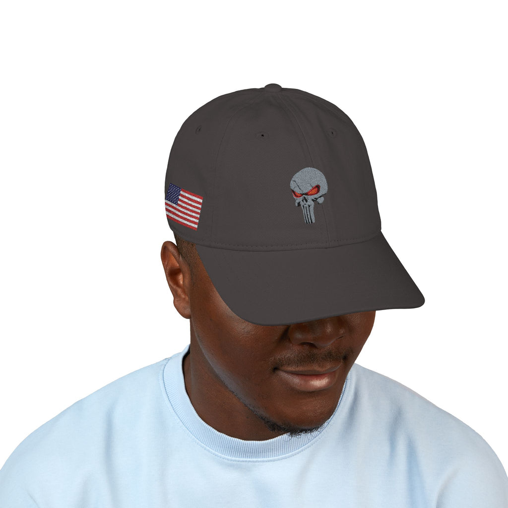 Embroidered The SCIF Skull Baseball Cap — American Flag right side, Digital Warrior text left side, The SCIF rear
