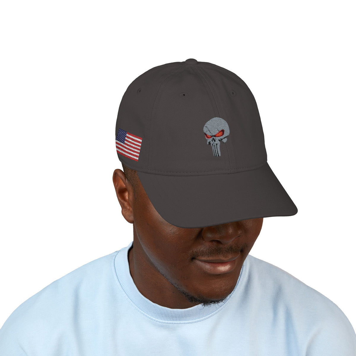 Embroidered The SCIF Skull Baseball Cap — American Flag right side, Digital Warrior text left side, The SCIF rear
