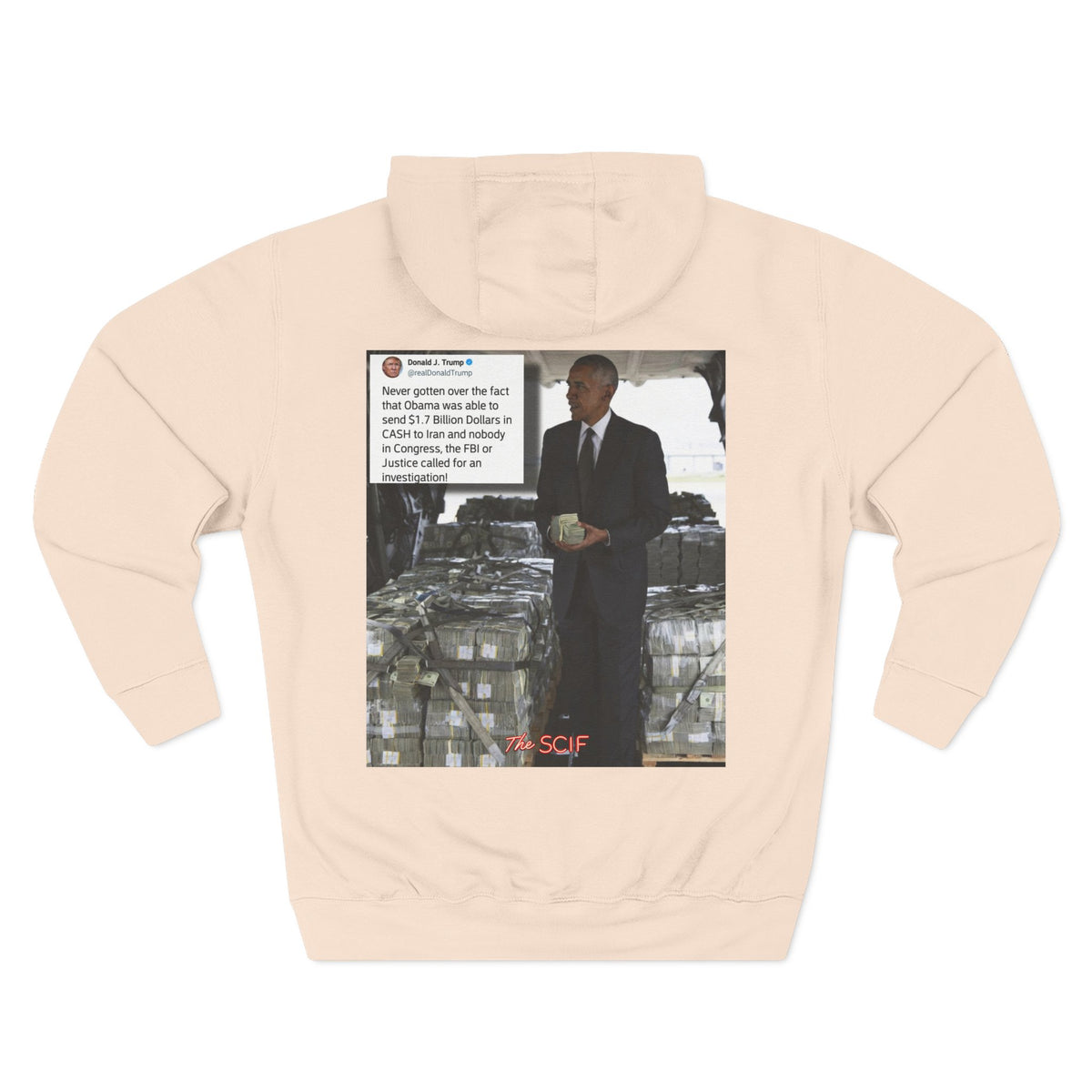The SCIF "Presidential Traitor Meme" Fleece Hoodie, Back "Money On Pallets Meme."