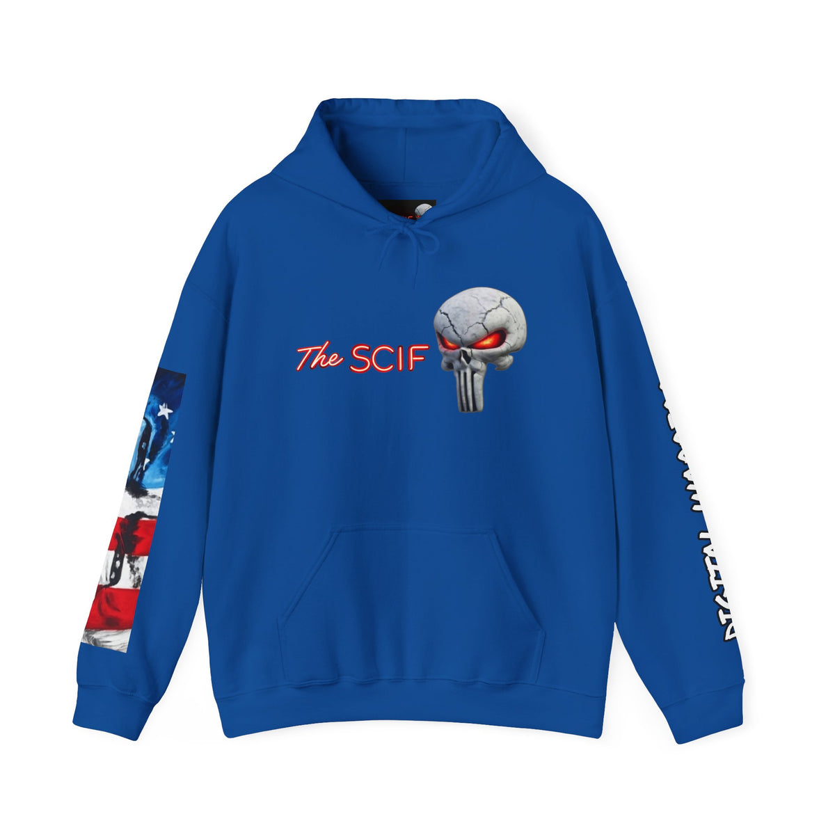 The SCIF Skull logo Graphic Hoodie, Right Sleeve "President Eyes" Graphic, Left Sleeve "Digital Warrior" Quote Graphic.