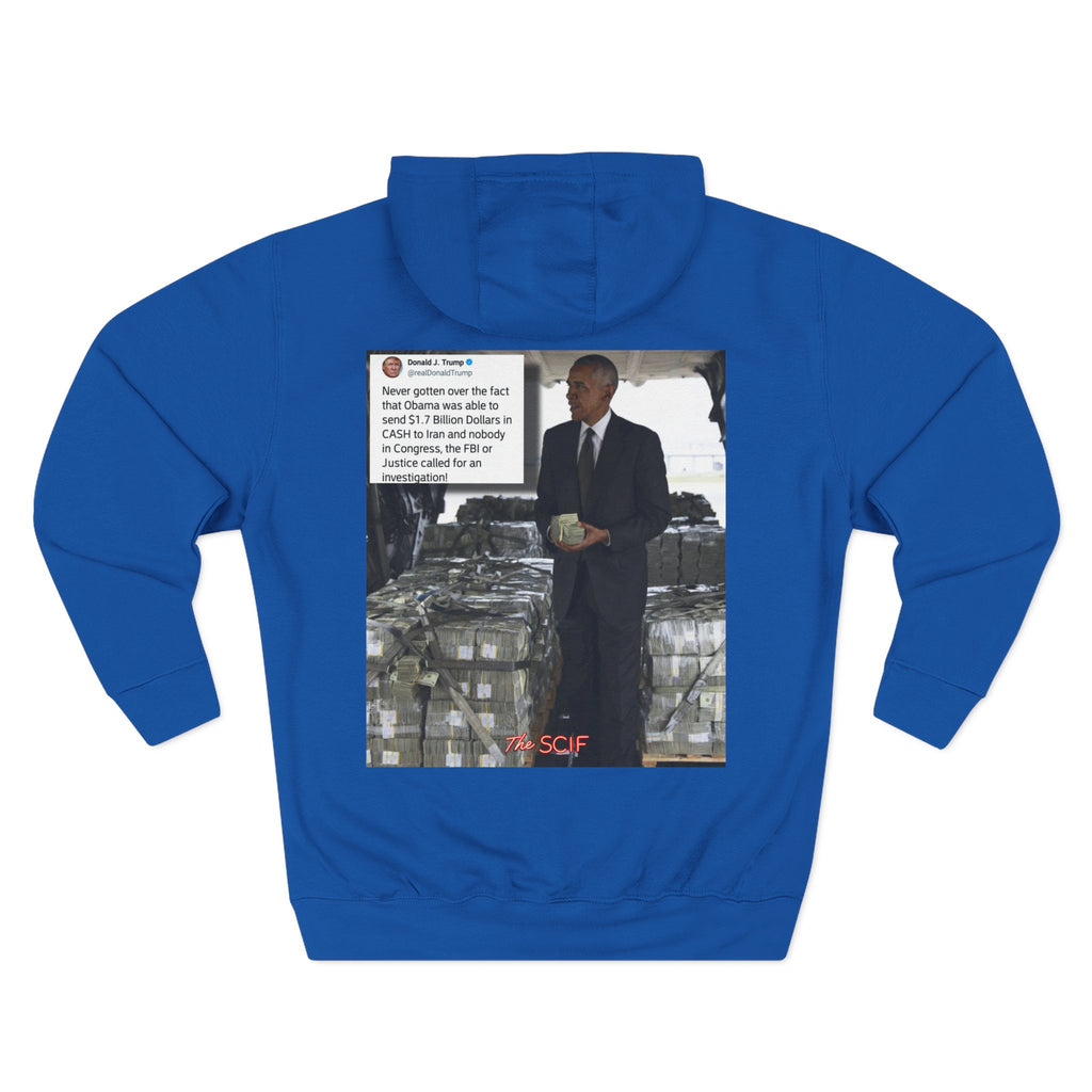The SCIF "Presidential Traitor Meme" Fleece Hoodie, Back "Money On Pallets Meme."