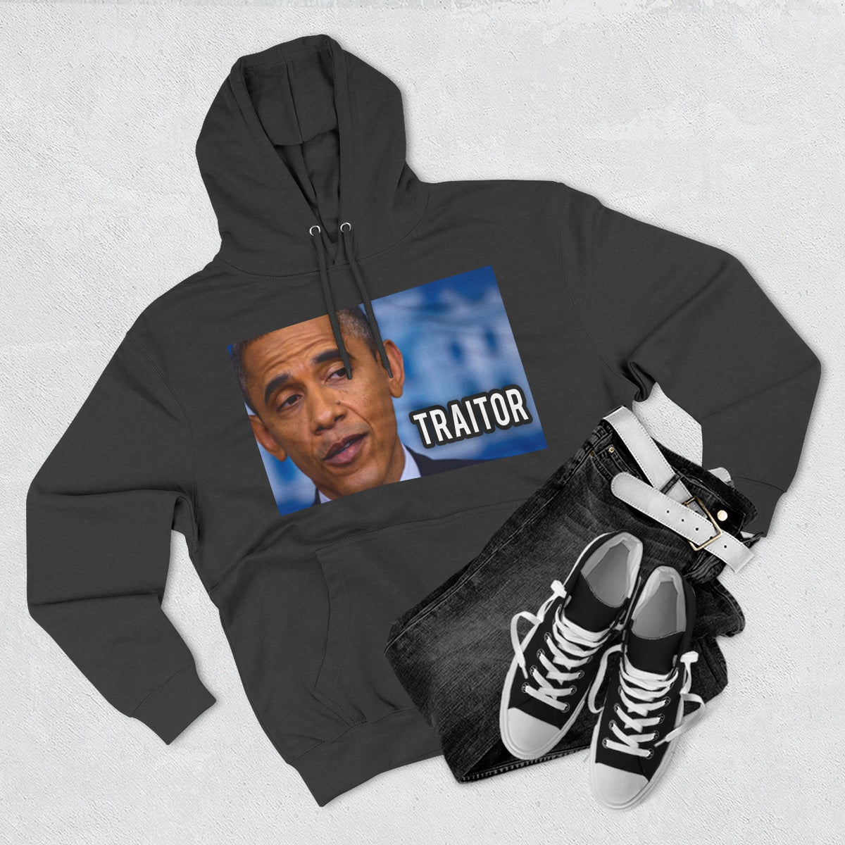 The SCIF "Presidential Traitor Meme" Fleece Hoodie, Back "Money On Pallets Meme."