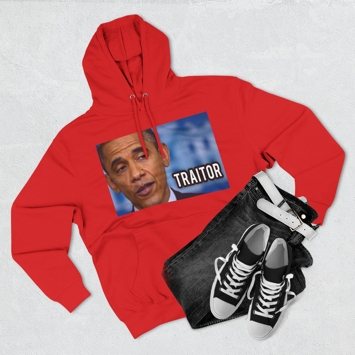 The SCIF "Presidential Traitor Meme" Fleece Hoodie, Back "Money On Pallets Meme."